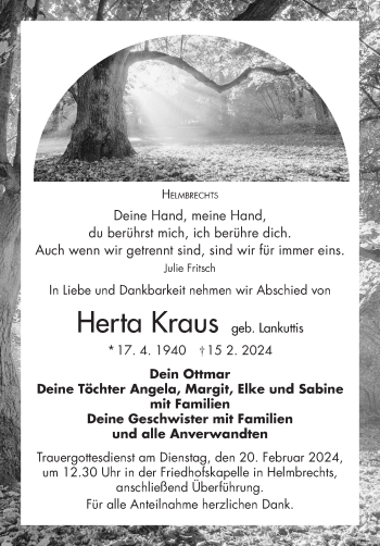 Traueranzeige von Herta Kraus von Frankenpost