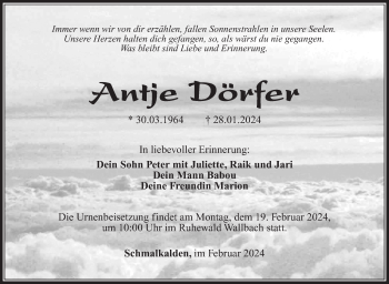 Traueranzeige von Antje Dörfer von Südthüringer Presse