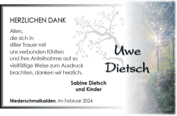 Traueranzeige von Uwe Dietsch von Südthüringer Presse