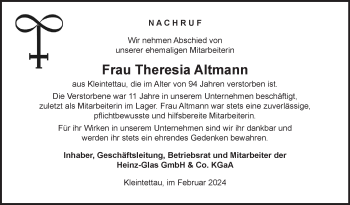 Traueranzeige von Theresia Altmann von Neue Presse Coburg