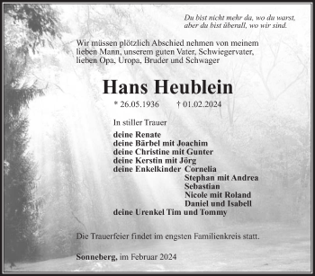Traueranzeige von Hans Heublein von Südthüringer Presse