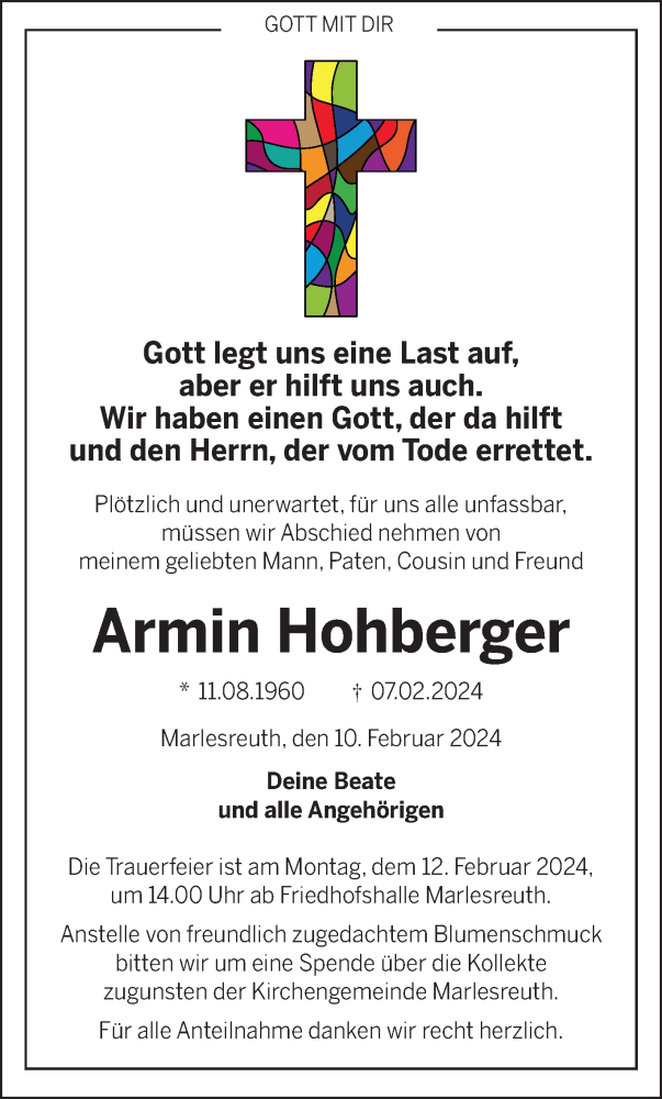  Traueranzeige für Armin Hohberger vom 10.02.2024 aus Frankenpost