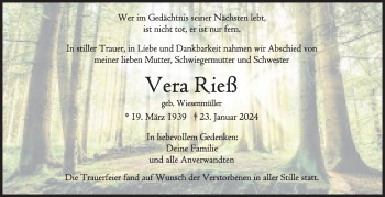 Traueranzeige von Vera Rieß von Frankenpost