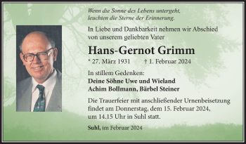 Traueranzeige von Hans-Gernot Grimm von Südthüringer Presse