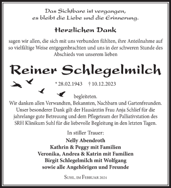 Traueranzeige von Reiner Schlegelmilch von Südthüringer Presse