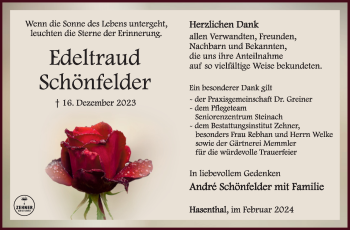 Traueranzeige von Edeltraud Schönfelder von Südthüringer Presse