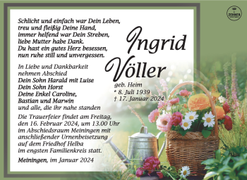 Traueranzeige von Ingrid Völler von Südthüringer Presse