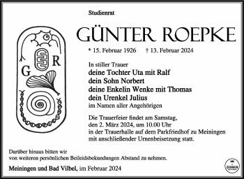 Traueranzeige von Günter Roepke von Südthüringer Presse