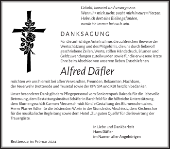 Traueranzeige von Alfred Däfler von Südthüringer Presse