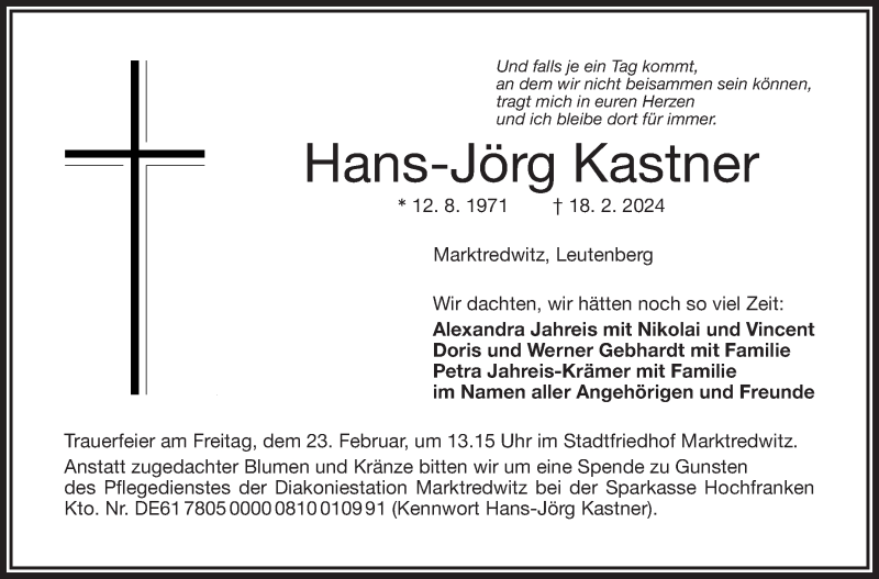  Traueranzeige für Hans-Jörg Kastner vom 21.02.2024 aus Frankenpost