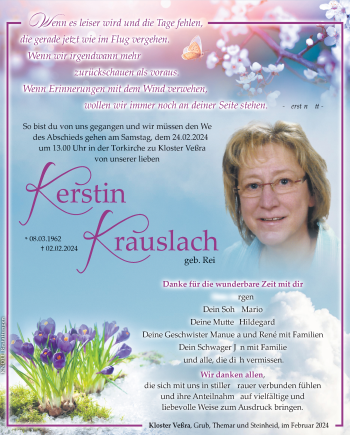 Traueranzeige von Kerstin Krauslach von Südthüringer Presse