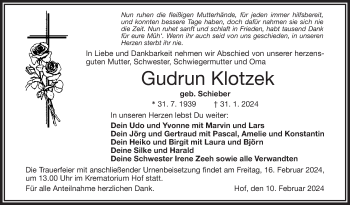 Traueranzeige von Gudrun Klotzek von Frankenpost
