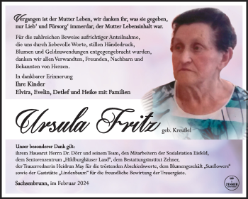 Traueranzeige von Ursula Fritz von Südthüringer Presse