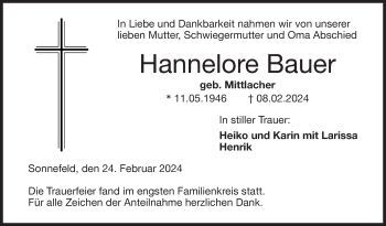 Traueranzeige von Hannelore Bauer von Neue Presse Coburg