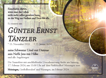Traueranzeige von Günter Tänzler von Südthüringer Presse