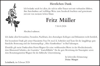 Traueranzeige von Fritz Müller von Südthüringer Presse