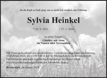 Traueranzeige von Sylvia Heinkel von Neue Presse Coburg