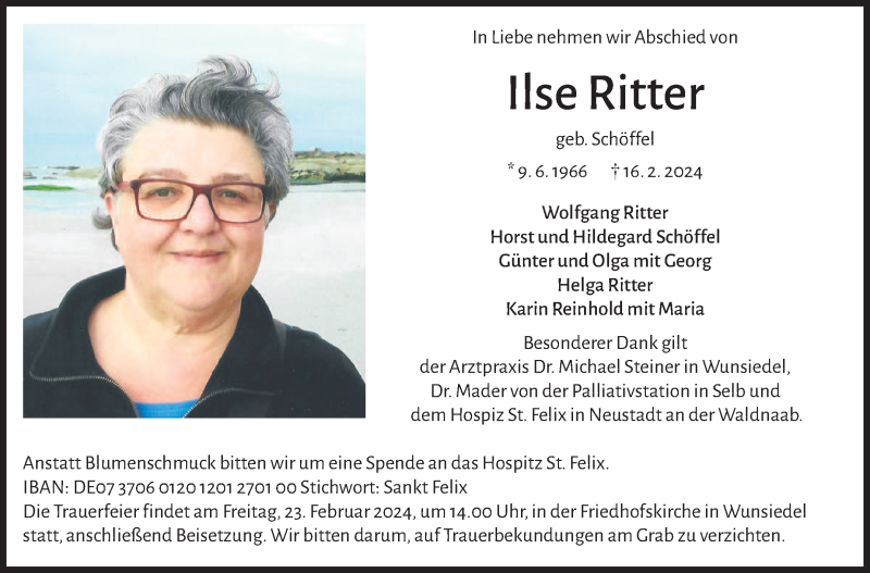  Traueranzeige für Ilse Ritter vom 21.02.2024 aus Frankenpost