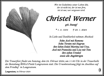 Traueranzeige von Christel Werner von Südthüringer Presse