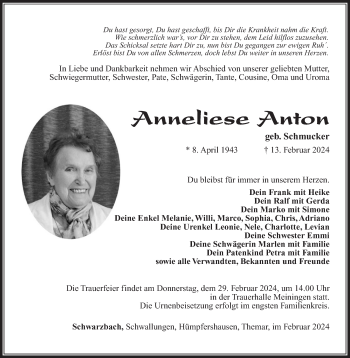 Traueranzeige von Anneliese Anton von Südthüringer Presse