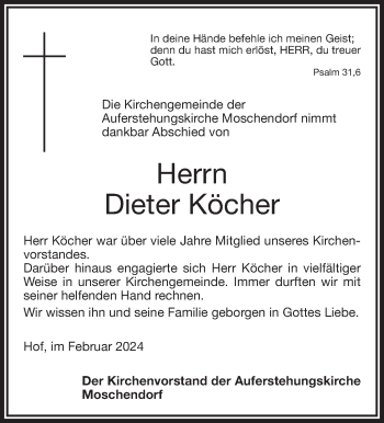 Traueranzeige von Dieter Köcher von Frankenpost