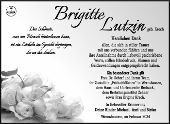Traueranzeige von Brigitte Lutzin von Südthüringer Presse