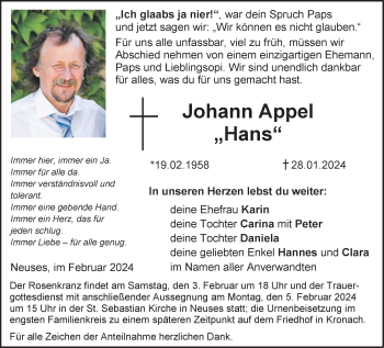 Traueranzeige von Johann Appel von Neue Presse Coburg