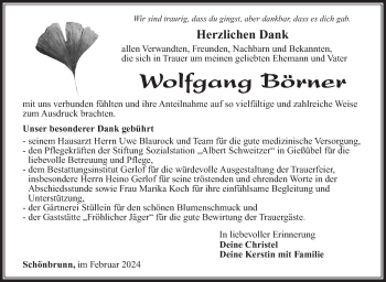 Traueranzeige von Wolfgang Börner von Südthüringer Presse