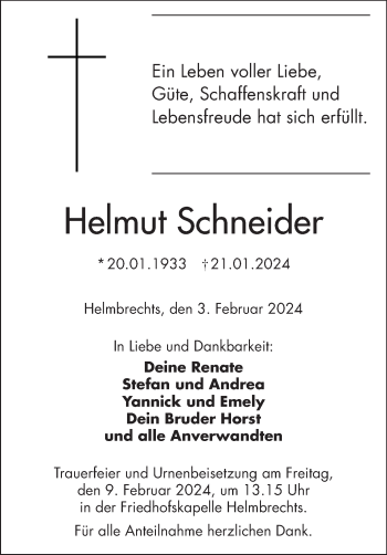 Traueranzeige von Helmut Schneider von Frankenpost