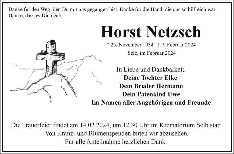 Traueranzeige für Horst Netzsch vom 10.02.2024 aus Frankenpost