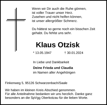 Traueranzeige von Klaus Otzisk von Frankenpost