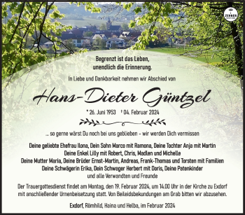Traueranzeige von Hans-Dieter Güntzel von Südthüringer Presse