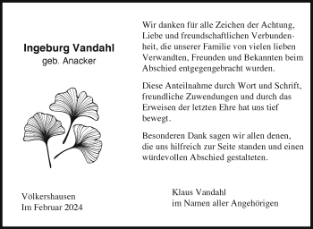 Traueranzeige von Ingeburg Vandahl von Südthüringer Presse