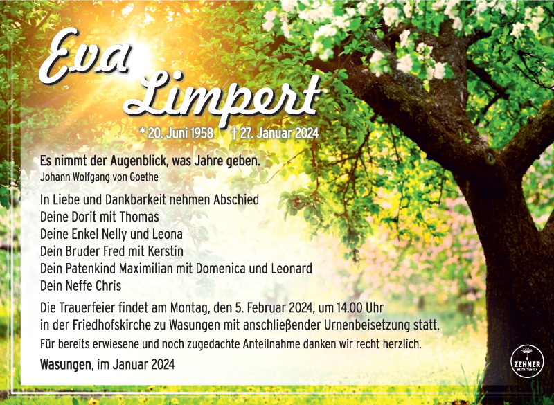  Traueranzeige für Eva Limpert vom 02.02.2024 aus Südthüringer Presse
