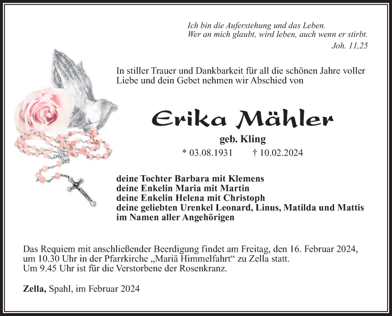  Traueranzeige für Erika Mähler vom 13.02.2024 aus Südthüringer Presse