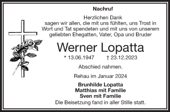 Traueranzeige von Werner Lopatta von Frankenpost