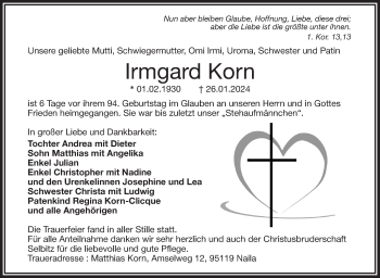 Traueranzeige von Irmgard Korn von Frankenpost
