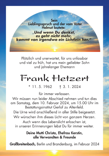 Traueranzeige von Frank Hetzert von Südthüringer Presse