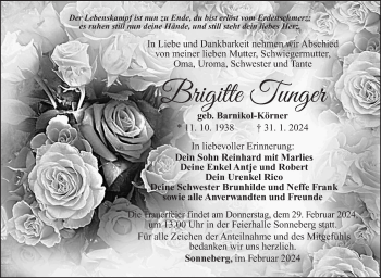 Traueranzeige von Brigitte Tunger von Südthüringer Presse
