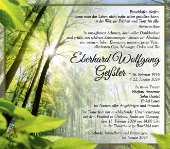 Traueranzeige von Eberhard Geißler von Südthüringer Presse