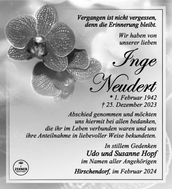 Traueranzeige von Inge Neudert von Südthüringer Presse