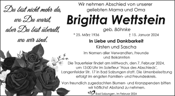 Traueranzeige von Brigitta Wettstein von Südthüringer Presse