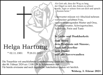 Traueranzeige von Helga Hartung von Neue Presse Coburg