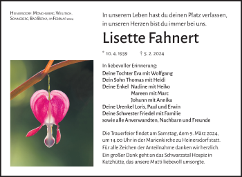 Traueranzeige von Lisette Fahnert von Südthüringer Presse