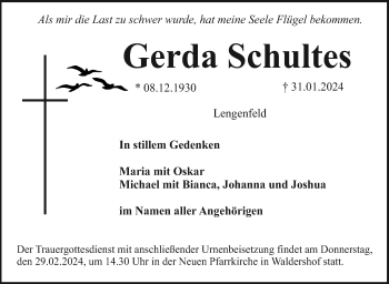 Traueranzeige von Gerda Schultes von Frankenpost