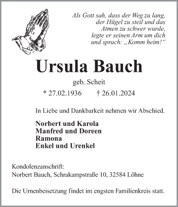 Traueranzeige von Ursula Bauch von Südthüringer Presse