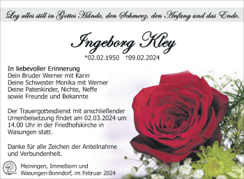 Traueranzeige von Ingeborg Kley von Südthüringer Presse