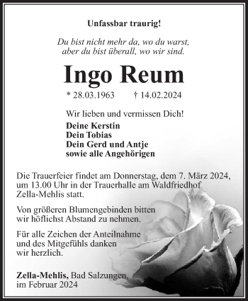 Traueranzeige von Ingo Reum von Südthüringer Presse