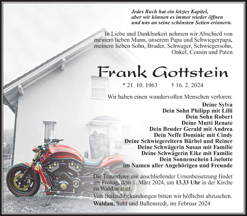  Traueranzeige für Frank Gottstein vom 24.02.2024 aus Südthüringer Presse
