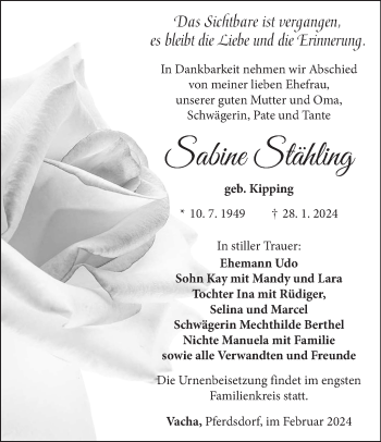 Traueranzeige von Sabine Stähling von Südthüringer Presse